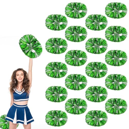 20 Stück Cheerleading-Pompons, 13,8 Zoll, für Sportteams, Tanztraining und Partyfeiern mit Griff (Grün + Silber) von YUANHUYUOU