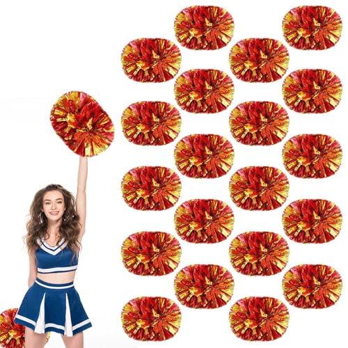 20 Stück Cheerleading-Pompons, 13,8 Zoll, für Sportteams, Tanztraining und Partyfeiern mit Griff (Rot + Gold) von YUANHUYUOU