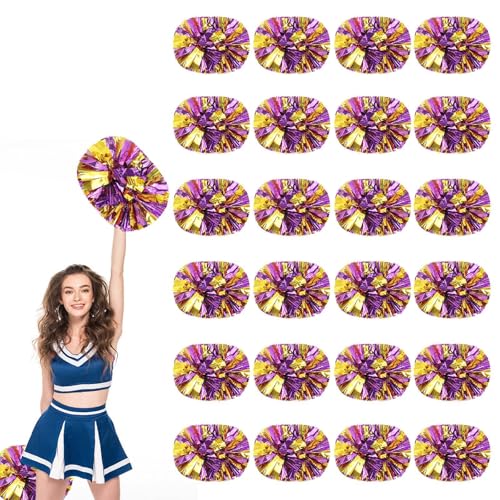 24 PCS Pompons Cheerleading, 13,8 Zoll Sport Team Spirits Cheering Squad Tanztraining mit Griff (Violett + Gold) von YUANHUYUOU