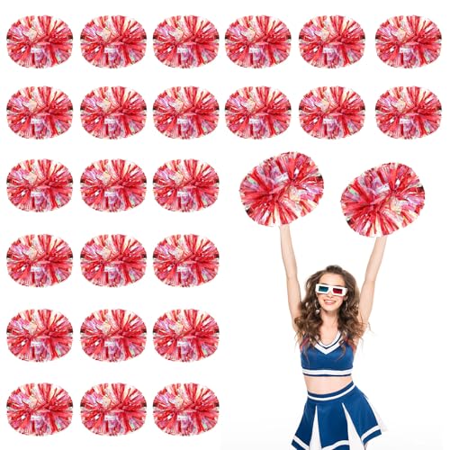 24 Stück Cheerleading-Pompons, 13,8 Zoll, für Sportteams, Tanztraining und Partyfeiern mit Griff (Schau + Rot) von YUANHUYUOU