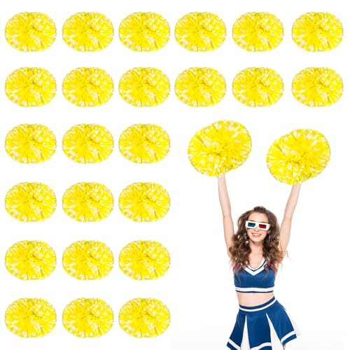 24 Stück Cheerleading-Pompons, 13,8 Zoll, für Sportteams, Tanztraining und Partyfeiern mit Griff (Weiß + Gelb) von YUANHUYUOU