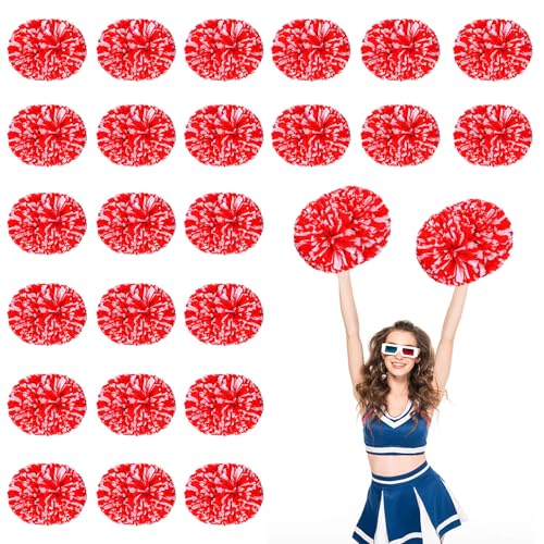 24 Stück Cheerleading-Pompons, 13,8 Zoll, für Sportteams, Tanztraining und Partyfeiern mit Griff (Weiß + Rot) von YUANHUYUOU