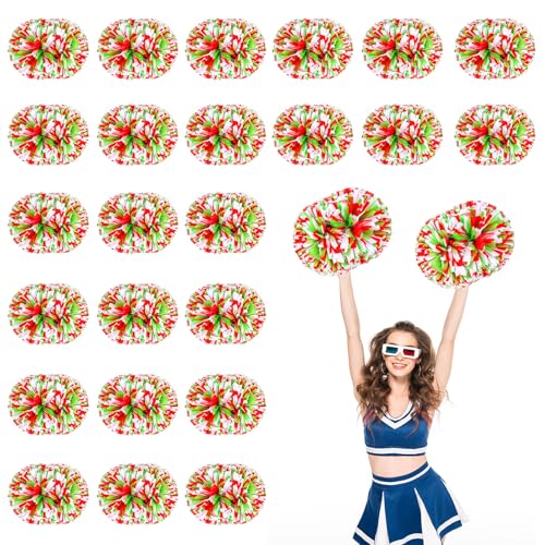 24 Stück Cheerleading-Pompons, 13,8 Zoll, für Sportteams, Tanztraining und Partyfeiern mit Griff (Weiß Rot Grün) von YUANHUYUOU