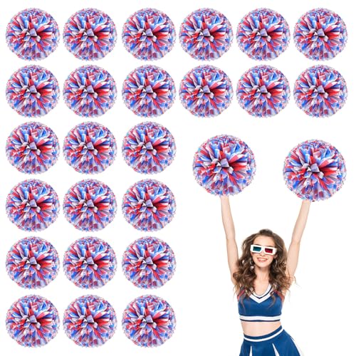 24 Stück Cheerleading-Pompons, 13,8 Zoll, für Sportteams, Tanztraining und Partyfeiern mit Griffringen (Blau + Rot + Weiß) von YUANHUYUOU