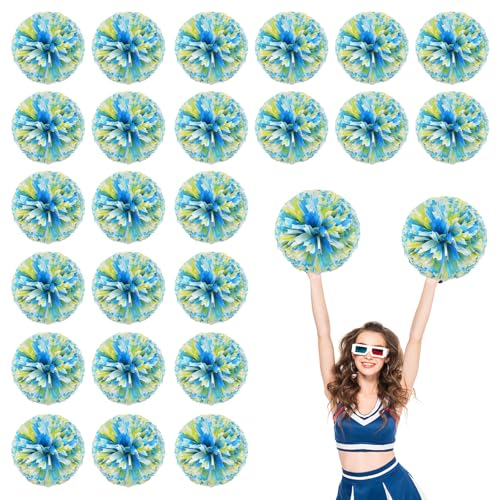 24 Stück Cheerleading-Pompons, 13,8 Zoll, für Sportteams, Tanztraining und Partyfeiern mit Griffringen (Blau + Weiß + Gelb) von YUANHUYUOU