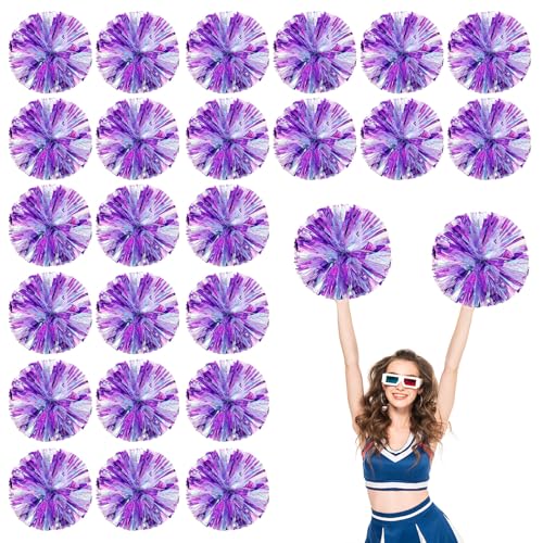 24 Stück Cheerleading-Pompons, 13,8 Zoll, für Sportteams, Tanztraining und Partyfeiern mit Griffringen (Farbe + Violett) von YUANHUYUOU
