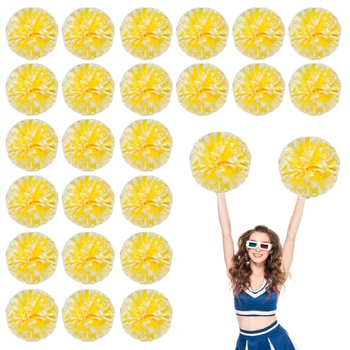 24 Stück Cheerleading-Pompons, 13,8 Zoll, für Sportteams, Tanztraining und Partyfeiern mit Griffringen (Gelb + Weiß) von YUANHUYUOU