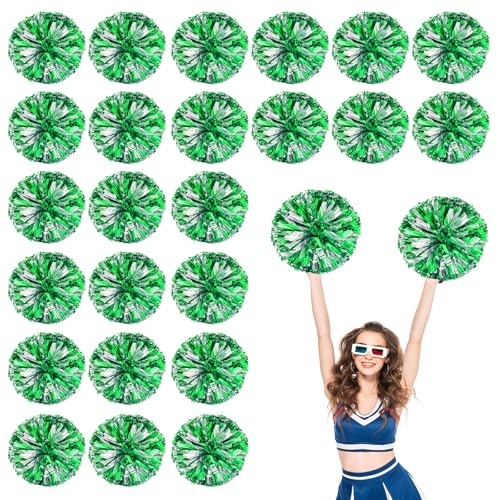 24 Stück Cheerleading-Pompons, 13,8 Zoll, für Sportteams, Tanztraining und Partyfeiern mit Griffringen (Grün + Silber) von YUANHUYUOU