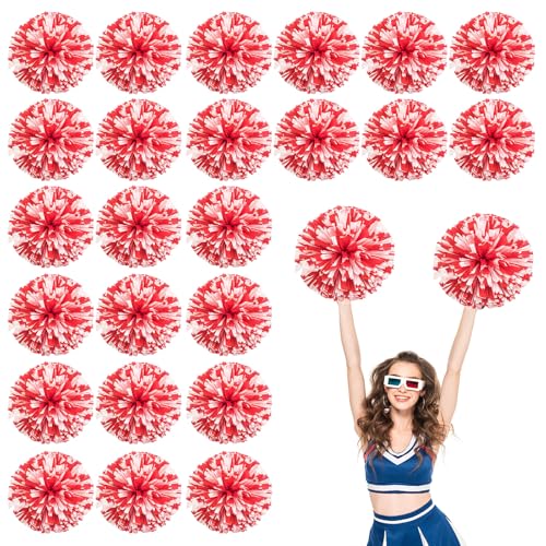 24 Stück Cheerleading-Pompons, 13,8 Zoll, für Sportteams, Tanztraining und Partyfeiern mit Griffringen (Rot + Weiß) von YUANHUYUOU