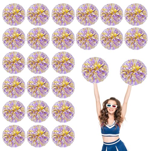 24 Stück Cheerleading-Pompons, 13,8 Zoll, für Sportteams, Tanztraining und Partyfeiern mit Griffringen (Violett + Gelb + Weiß) von YUANHUYUOU