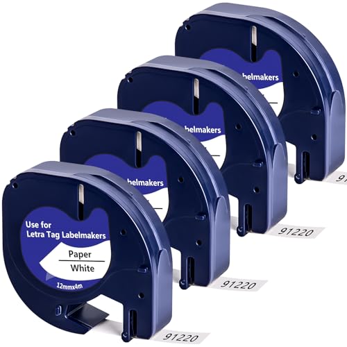 4x Yuanqimm a91220 Kompatibel mit Dymo Letratag 91220 Etikettenband Schwarz auf Weiß 12mm x 4m Papier White Schriftband Kompatibel mit Dymo LetraTag XR LT-100H LT-100T LT-110T XM XR QX50 2000 200B von YUANQIMM