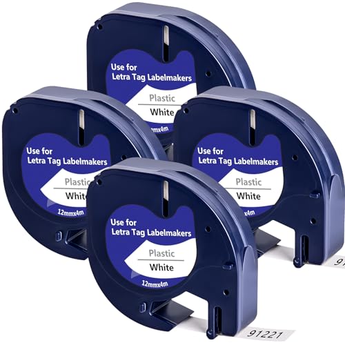 4x YUANQIMM Kompatibel für Dymo Letratag Plastic Weiß Etikettenband 12mm x 4m 91221 91201 S0721660 Kunststoff Schriftband für Dymo Letratag LT-100H LT110T LT100T QX50 XR XM 2000, Schwarz auf Weiß von YUANQIMM