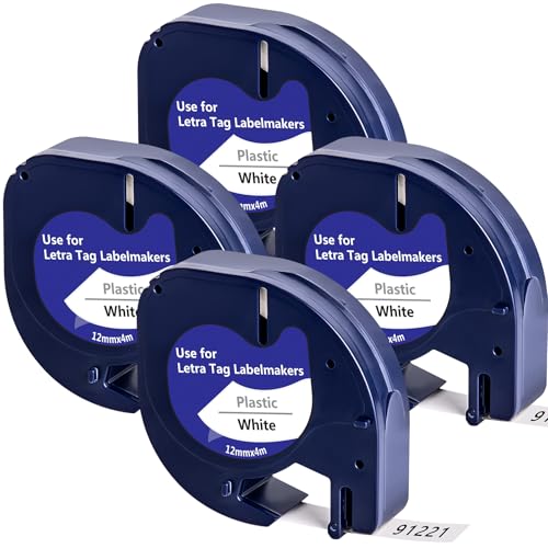 4x Yuanqimm Etikettenband Kompatible für Dymo Etikettenband 12mm x 4m Letratag 91221 S0721660 Plastic White Wasserfest Bänder für Dymo letatag XR Beschriftungsgerät LT-100H 100T 110T XM QX50 2000 200B von YUANQIMM