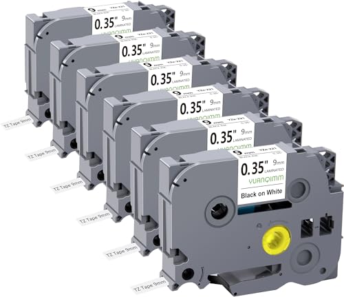 6x Yuanqimm TZe-221 TZe221 9mm Kompatibel mit Brother P-touch Bänder 9mm TZ-221 TZ221 Schwarz auf Weiß Schriftband für Brother PT-D400 PT-H100LB PT-H105 PT-D200 PT-1000 PT-H110 PT-H101 PT-H107B D210 von YUANQIMM