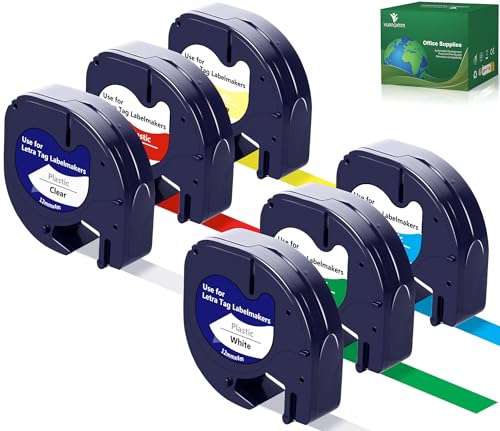 6x Yuanqimm Kompatibel für Dymo LetraTag Etikettenband 12mm x 4m 16951 91221 91222 91223 91224 91225 Bunt Bänder Plastik 12mm Schriftband für Dymo Letra tag LT-100H 100T XR XM QX50 2000 200B von YUANQIMM