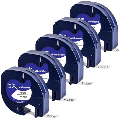5x Yuanqimm 91220 Paper White Kompatible für Dymo Letratag 12mm x 4m Etikettenband S0721510 91200 Schwarz auf Weiß Band für Dymo Letratag XR LT-100H LT-100T LT-110T XM QX50 2000 200B von YUANQIMM