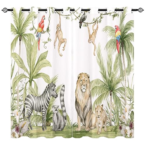 YUANZU Afrikanische Tier Vorhänge Safari Dschungel Löwe Zebra Affen Papageien Palmen Blumen Ösen Gardinen mit Blickdichte Vorhang Blackout Curtain Kinderzimmer Schlafzimmer 2 Stück, H 213 x B 132 cm von YUANZU