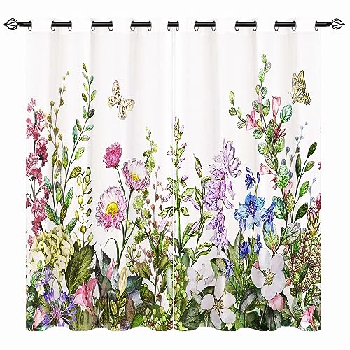 YUANZU Aquarell Vorhänge Sommer Blume Blatt Schmetterling Ösen Gardinen mit Blickdichte Thermo Vorhang Kälteschutz Blackout Curtain Mädchenzimmer Verdunkelung Fenster, 2 Stück, H 245 x B 200 cm von YUANZU