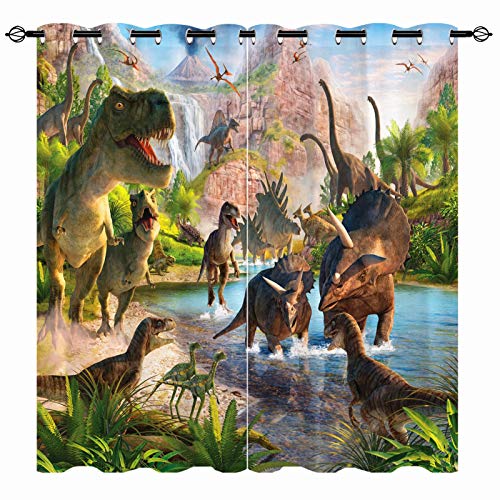 YUANZU Dinosaurier Vorhänge Jungen Dschungeltiere Ösen Gardinen mit Blickdichte Thermo Vorhang Kälteschutz Blackout Curtain Kinderzimmer Schlafzimmer Verdunkelung Fenster, 2 Stück, H 160 x B 106 cm von YUANZU