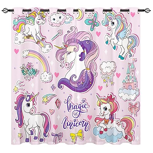 YUANZU Einhorn Vorhänge Kinder Regenbogen Tier Druck Ösen Gardinen mit Blickdichte Vorhang Kälteschutz Blackout Curtain Mädchenzimmer Schlafzimmer Verdunkelung Fenster, 2 Stück, H 137 x B 132 cm von YUANZU