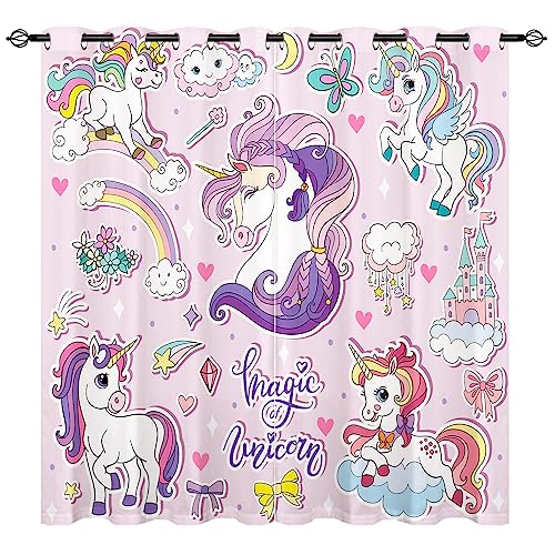 YUANZU Einhorn Vorhänge Kinder Regenbogen Tier Druck Ösen Gardinen mit Blickdichte Vorhang Kälteschutz Blackout Curtain Mädchenzimmer Schlafzimmer Verdunkelung Fenster, 2 Stück, H 160 x B 132 cm von YUANZU
