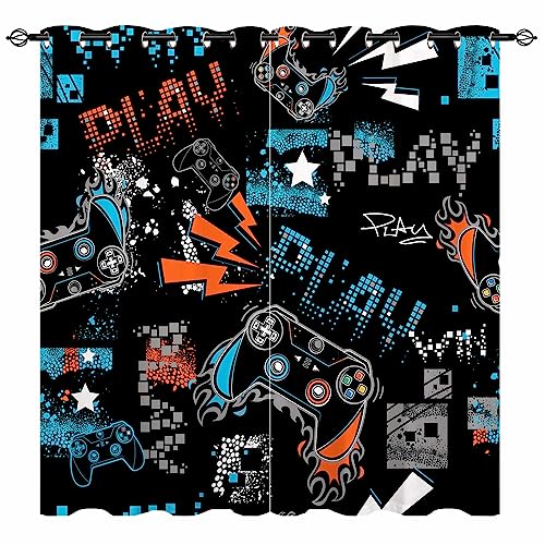 YUANZU Gamepad Vorhänge Gamer Videospiel Joystick Ösen Gardinen mit Blickdichte Thermo Vorhang Kälteschutz Blackout Curtain Kinderzimmer Schlafzimmer Verdunkelung Fenster, 2 Stück, H 200 x B 140 cm von YUANZU