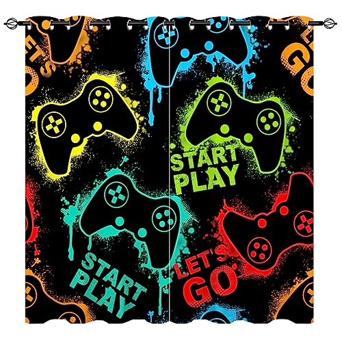 YUANZU Gamepad Vorhänge Kinder Gamer Joystick Spiel Ösen Gardinen mit Blickdichte Thermo Vorhang Kälteschutz Blackout Curtain Kinderzimmer Schlafzimmer Verdunkelung Fenster, 2 Stück, H 229 x B 168 cm von YUANZU