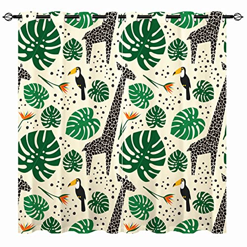 YUANZU Giraffen Vorhänge Tukan Dschungel Safari Tier Ösen Gardinen mit Blickdichte Thermo Vorhang Kälteschutz Blackout Curtain Kinderzimmer Schlafzimmer Verdunkelung Fenster, 2 Stück, H 175 x B 140 cm von YUANZU