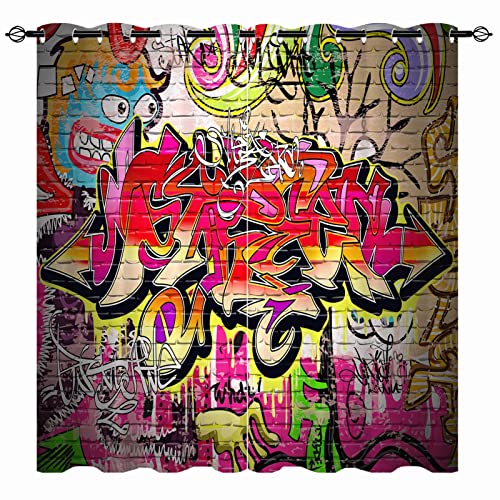 YUANZU Graffiti Vorhänge Bunt Hip-Hop Doodle Hippie Ösen Gardinen mit Blickdichte Thermo Vorhang Kälteschutz Blackout Curtain Kinderzimmer Schlafzimmer Verdunkelung Fenster, 2 Stück, H 137 x B 132 cm von YUANZU