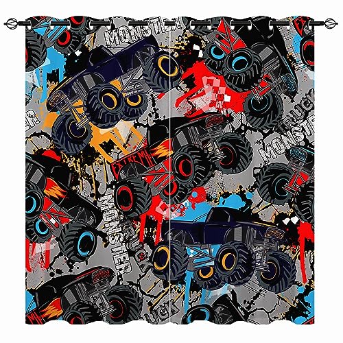 YUANZU Jungen Vorhänge Monster Truck Kinder Ösen Gardinen mit Blickdichte Thermo Vorhang Kälteschutz Blackout Curtain Kinderzimmer Schlafzimmer Verdunkelung Fenster, 2 Stück, H 200 x B 140 cm von YUANZU