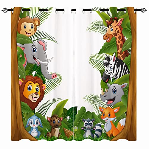 YUANZU Kinder Vorhänge Dschungel Wald Tiere Zoo Ösen Gardinen mit Blickdichte Thermo Vorhang Kälteschutz Blackout Curtain Kinderzimmer Schlafzimmer Verdunkelung Fenster, 2 Stück, H 160 x B 132 cm von YUANZU