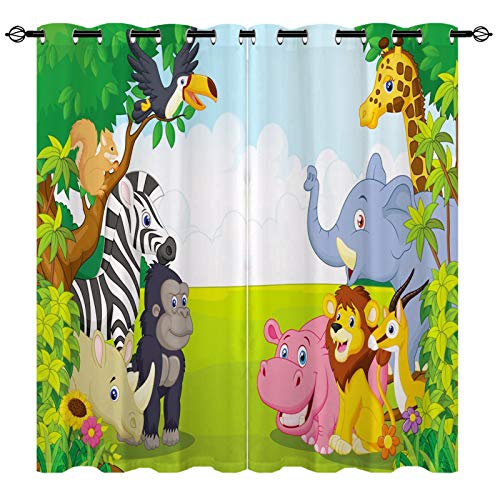 YUANZU Kinder Vorhänge Dschungeltiere 3D-Muster Ösen Gardinen mit Blickdichte Thermo Vorhang Kälteschutz Blackout Curtain Kinderzimmer Schlafzimmer Verdunkelung Fenster, 2 Stück, H 114 x B 132 cm von YUANZU