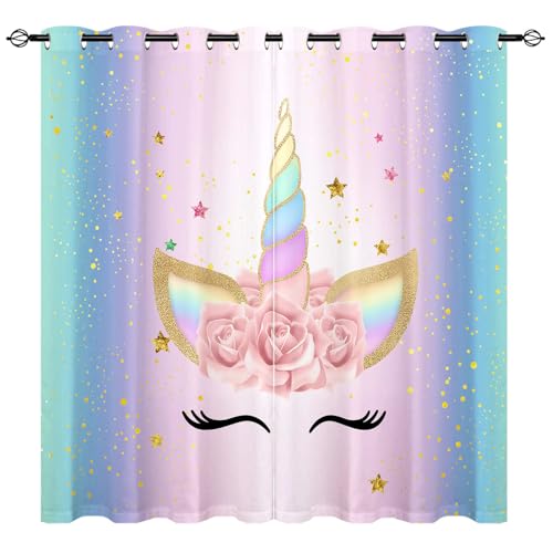 YUANZU Mädchen Einhorn Vorhänge Wimpern Geschlossene Augen Ösen Gardinen Blickdichte Vorhang Kälteschutz Blackout Curtain Mädchenzimmer Schlafzimmer Verdunkelung Fenster, 2 Stück, H 245 x B 200 cm von YUANZU