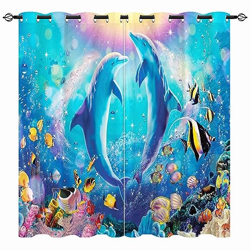 YUANZU Ozean Vorhänge Fische Koralle Delphin Unterwasser Ösen Gardinen mit Blickdichte Vorhang Kälteschutz Blackout Curtain Kinderzimmer Schlafzimmer Verdunkelung Fenster, 2 Stück, H 160 x B 132 cm von YUANZU