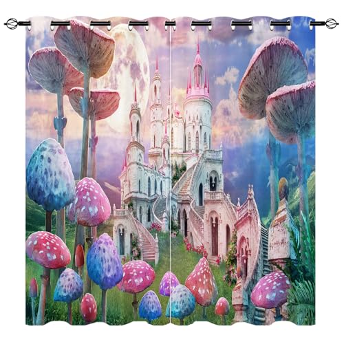 YUANZU Pilze Schloss Vorhänge Mädchen Landschaft Muster Ösen Gardinen mit Blickdichte Vorhang Kälteschutz Blackout Curtain Kinderzimmer Schlafzimmer Verdunkelung Fenster, 2 Stück, H 245 x B 200 cm von YUANZU