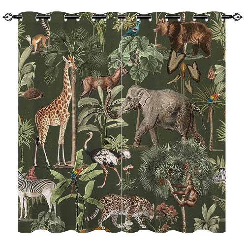 YUANZU Safari Wild Tier Vorhänge Bär Giraffe Dschungel Ösen Gardinen mit Blickdichte Vorhang Kälteschutz Blackout Curtain Kinderzimmer Schlafzimmer Verdunkelung Fenster, 2 Stück, H 160 x B 132 cm von YUANZU