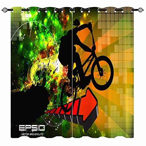 YUANZU Sport Vorhänge Kinder Jugendliche Jungen Fahrrad Ösen Gardinen mit Blickdichte Vorhang Kälteschutz Blackout Curtain Kinderzimmer Schlafzimmer Verdunkelung Fenster, 2 Stück, H 160 x B 106 cm von YUANZU