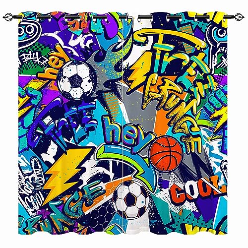 YUANZU Sport Vorhänge Kinder Jungen Neon Textur Fußball Ösen Gardinen mit Blickdichte Vorhang Kälteschutz Blackout Curtain Kinderzimmer Schlafzimmer Verdunkelung Fenster, 2 Stück, H 160 x B 132 cm von YUANZU