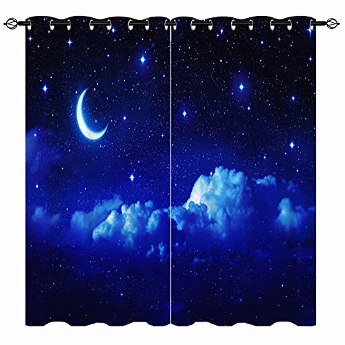 YUANZU Sternen Mond Vorhänge Sommer Blauer Nachthimmel Ösen Gardinen mit Blickdichte Vorhang Kälteschutz Blackout Curtain Kinderzimmer Schlafzimmer Verdunkelung Fenster, 2 Stück, H 160 x B 106 cm von YUANZU