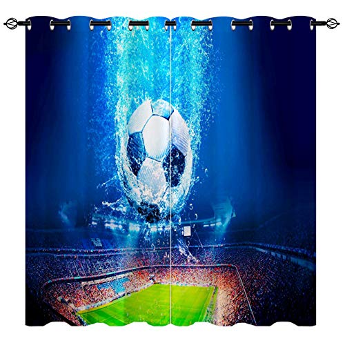 YUANZU Vorhänge mit Fußball-Motiv, blaue Meeresunterseite, Fußball-Sportfeld, 3D-Muster, Thermo-isoliert, bedruckte Vorhänge für Kinderzimmer, Spielzimmer, Set mit 2 Bahnen (B x T): 75 x 166 cm von YUANZU