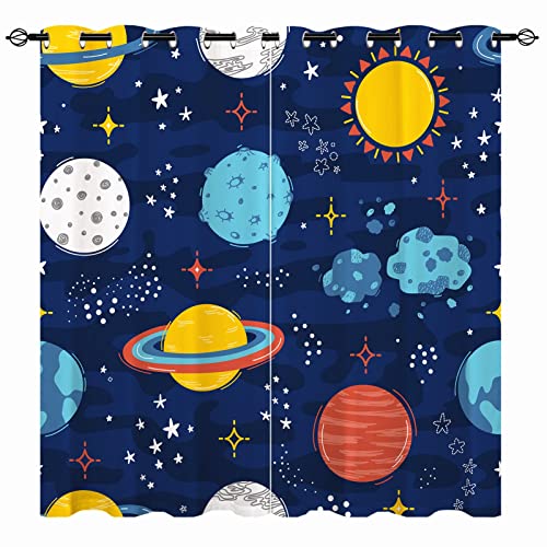 YUANZU Weltraum Vorhänge Kinder Planet Doodle Ösen Gardinen mit Blickdichte Thermo Vorhang Kälteschutz Blackout Curtain Kinderzimmer Schlafzimmer Verdunkelung Fenster, 2 Stück, H 245 x B 140 cm von YUANZU