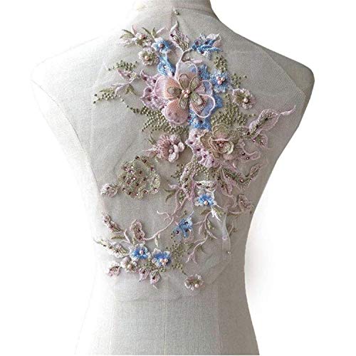 Stoffapplikationen for Nähen, 3D-Stickerei-Patch, Perlen-Spitzenapplikation mit 3D-Blumenstickerei, Blüten-Blumen-Spitzen-Patch, hübsches Kleid, dekorative Ergänzung, Hochzeitsparty-Motiv(Pink+gold) von YUBAOLI