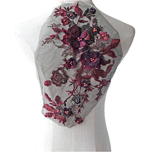 Stoffapplikationen for Nähen, 3D-Stickerei-Patch, Perlen-Spitzenapplikation mit 3D-Blumenstickerei, Blüten-Blumen-Spitzen-Patch, hübsches Kleid, dekorative Ergänzung, Hochzeitsparty-Motiv(Burgundy) von YUBAOLI