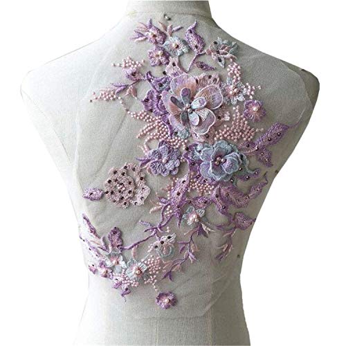 Stoffapplikationen for Nähen, 3D-Stickerei-Patch, Perlen-Spitzenapplikation mit 3D-Blumenstickerei, Blüten-Blumen-Spitzen-Patch, hübsches Kleid, dekorative Ergänzung, Hochzeitsparty-Motiv(Purple) von YUBAOLI