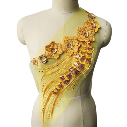 Stoffapplikationen for Nähen, Stickapplikationen, gelber Blumenspitzenstoff, Paillettenquaste, bestickte Kleiderapplikationen, Kragen, Netz-Nähflicken for Hochzeitsdekorationskleid von YUBAOLI