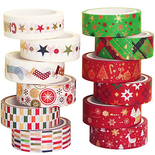 YUBBAEX Weihnachten Washi Tape Set GoldFolie Masking Tape dekorativ Klebeband für Kunst, DIY Handwerk, Bullet Journal liefert, Planer, Scrapbook, Geschenk Verpackung -15mm- (Golden X'mas 12 Rollen) von YUBBAEX