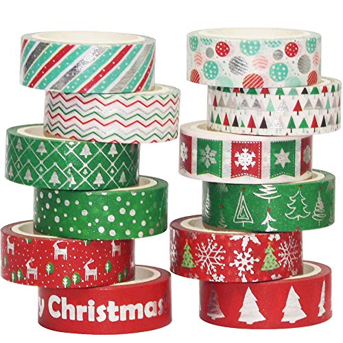 YUBBAEX Weihnachten Washi Tape Set GoldFolie Masking Tape dekorativ Klebeband für Kunst, DIY Handwerk, Bullet Journal liefert, Planer, Scrapbook, Geschenk Verpackung -15mm- (Silber X'mas 12 Rollen) von YUBBAEX