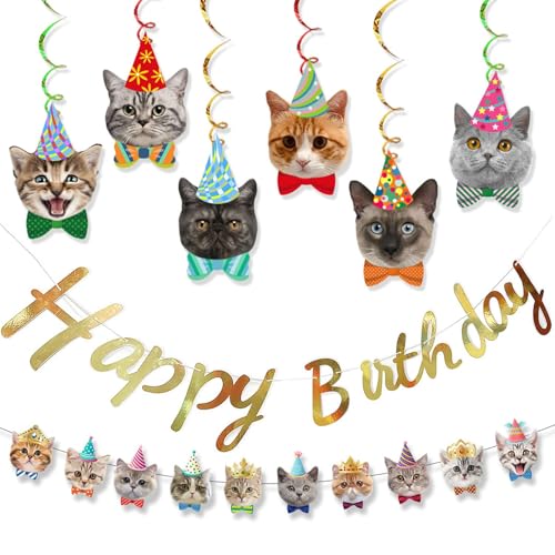 YUBBYSTU Katzengeburtstagsdekoration, 6 Stück Katzenwirbel-Dekorationen, Miau, Geburtstagsparty-Dekoration, 10 Stück niedliche Cartoon-Katzen-Geburtstagsbanner mit Happy Birthday Banner Katzen YUBBYSTU Katzengeburtstagsdekoration, 6 Stück Katzenwirbel-Dekorationen, Miau, Geburtstagsparty-Dekoration, 10 Stück niedliche Cartoon-Katzen-Geburtstagsbanner mit Happy Birthday Banner Katzen von YUBBYSTU