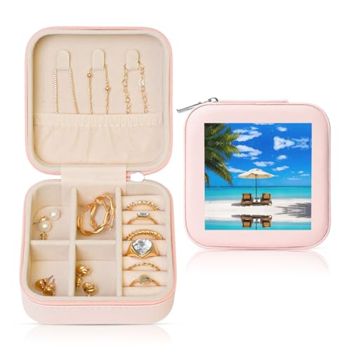 YUBVCF Schmuckkästchen mit tropischem Meer-Druck, mit weißem Strand, stilvolle Schmuckschatulle, Ringbox, hochwertig, wunderschön für Hochzeit, Verlobung von YUBVCF