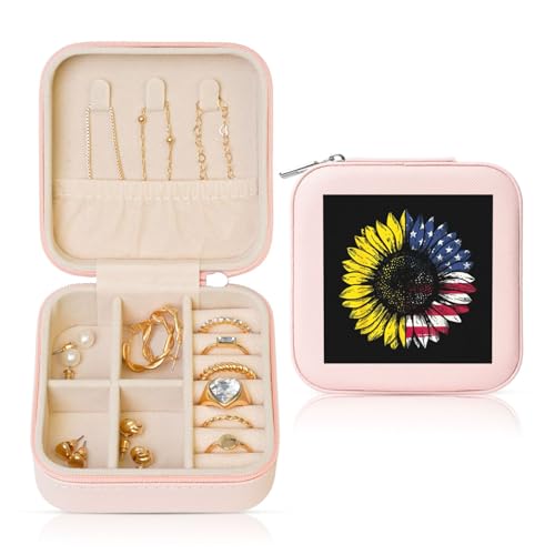 YUBVCF Stilvolle Schmuckschatulle mit Sonnenblumen-Motiv und amerikanischer Flagge, Premium-Schmuckkästchen, wunderschön für Hochzeit, Verlobung von YUBVCF